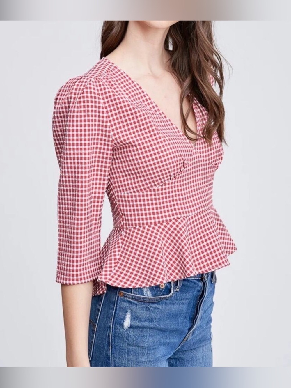 NWT En Saison Pink Gingham Peplum Blouse